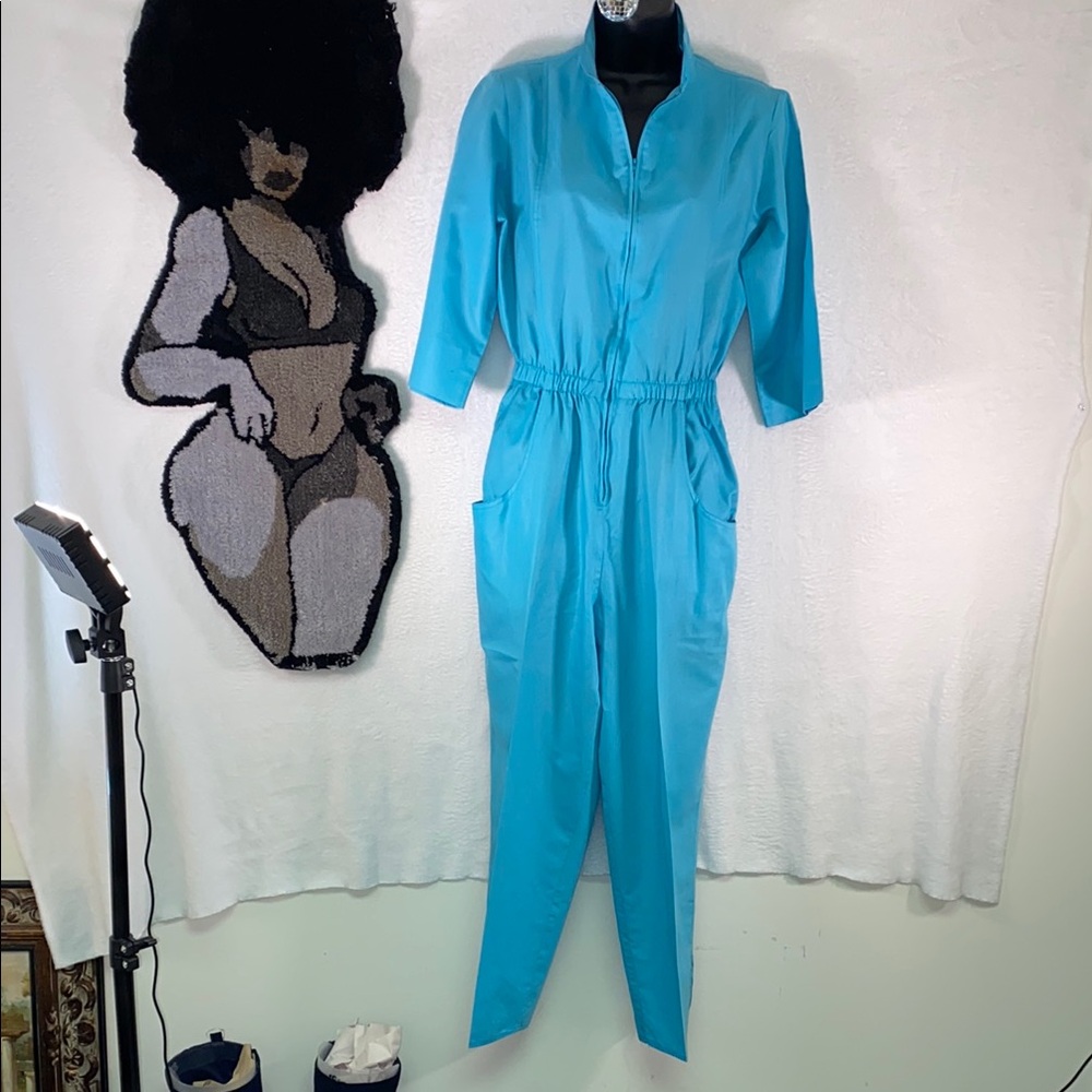 Blue Collared Jumpsuit with 3/4 Sleeves and Elastic Waist